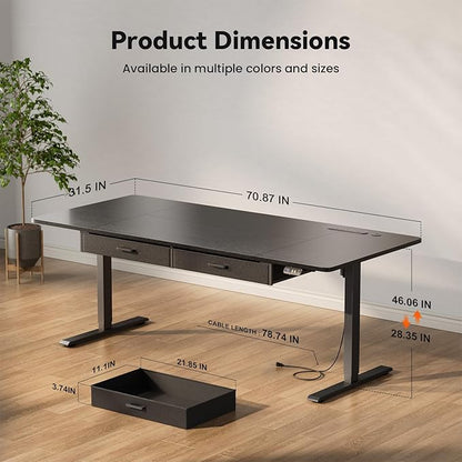 HLDIRECT Electric Standing Desk, Extra Large 71 x 31.5 Inches Height Adjustable Table with Outlets, Sit Stand Computer Desk with Drawers for Home Office, Ergonomic Rising Workstation, Black