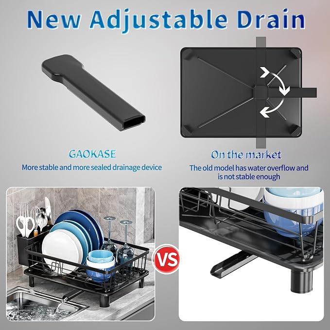 GAOKASE Dish Drying Rack, Stainless Steel-Dish Rack, Dish Racks for Kitchen Counter, Kitchen Dish Drainers with Removable Utensil Holder,New Drain Outlet,Plate Rack and Drainboard,Black