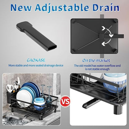 GAOKASE Dish Drying Rack, Stainless Steel-Dish Rack, Dish Racks for Kitchen Counter, Kitchen Dish Drainers with Removable Utensil Holder,New Drain Outlet,Plate Rack and Drainboard,Black