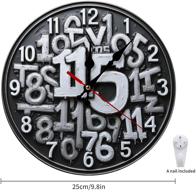 Wall Clock, Abstract Numeric Non Ticking Wall Clocks Battery Operated, Grey Wooden Wall Clocks for Kitchen, Living Room, Bedroom, Office, Bathroom Decorative 10 Inch