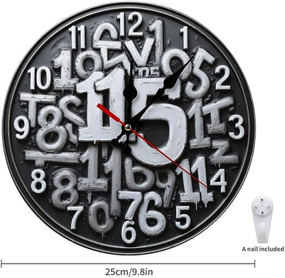 Wall Clock, Abstract Numeric Non Ticking Wall Clocks Battery Operated, Grey Wooden Wall Clocks for Kitchen, Living Room, Bedroom, Office, Bathroom Decorative 10 Inch