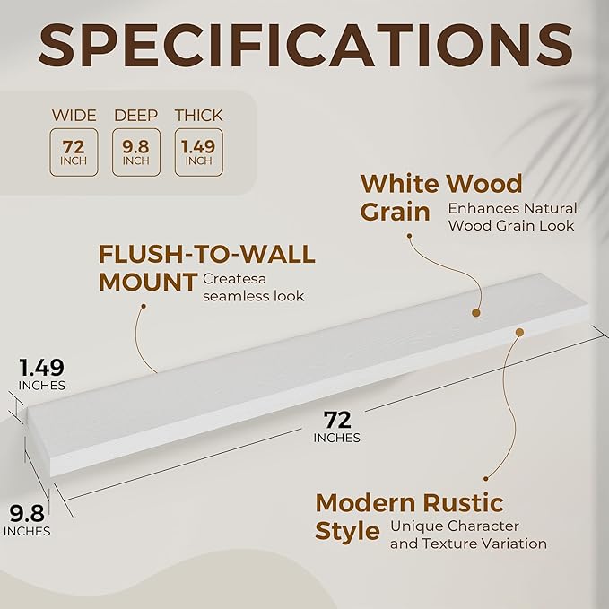 Dreamland 72 Inches Floating Shelves for Wall, 9.8" Deep Long Floating Shelves Set of 2, Large Display & Storage Shelf, Wall Shelf for Bathroom Bedroom Living Room Kitchen Office, White