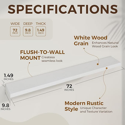 Dreamland 72 Inches Floating Shelves for Wall, 9.8" Deep Long Floating Shelves Set of 2, Large Display & Storage Shelf, Wall Shelf for Bathroom Bedroom Living Room Kitchen Office, White