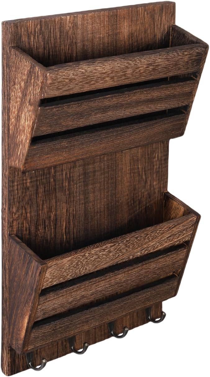 MOOACE Mail Organizer Wall Mount with Key Hooks, 2-Slot Wood Mail and Key Holder, Wall File Organizer Office Letter Folder Accessories Organizer Home Farmhouse Decor