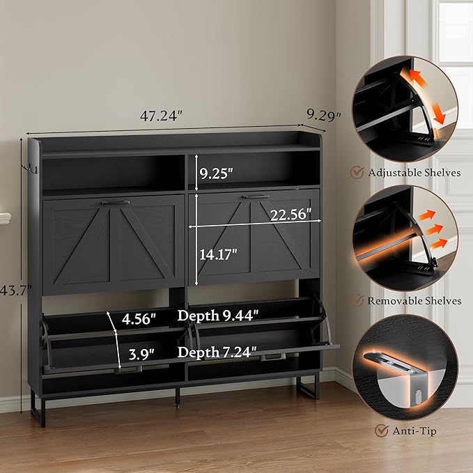Shoe Cabinet with 4 Flip Drawers Narrow Shoe Storage Cabinet Organizer Wooden Freestanding Shoe Rack Hidden Slim Shoes Storage Cabinet for Entryway, Hallway, Living Room, Bedroom