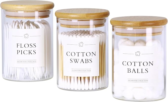 INIUNIK 3 Pack Qtip Holder Dispenser - Glass Apothecary Jars with Lids, Cotton Ball Pad Swab Round Holder, Bamboo Bathroom Accessories, Bathroom Organizers Containers Jars Canisters with Lids
