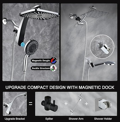 BOZYBO Rain Shower Head with Handheld: High Pressure Shower Heads with Handheld Spray Combo, 12" Rainfall Shower Head and 9 Sprays Hand Showerheads with Magnetic Docking and Power Jets, Chrome 1.75GPM