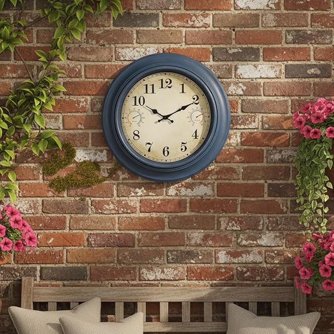 18 Inch Large Outdoor Clock with Thermometer & Hygrometer – Blue Vintage Farmhouse Decor Wall Clock Waterproof for Patio, Garden, Pool, Porch