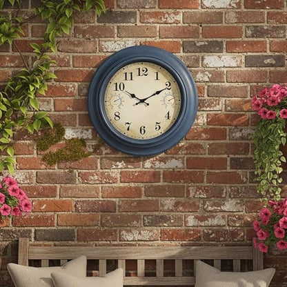 18 Inch Large Outdoor Clock with Thermometer & Hygrometer – Blue Vintage Farmhouse Decor Wall Clock Waterproof for Patio, Garden, Pool, Porch