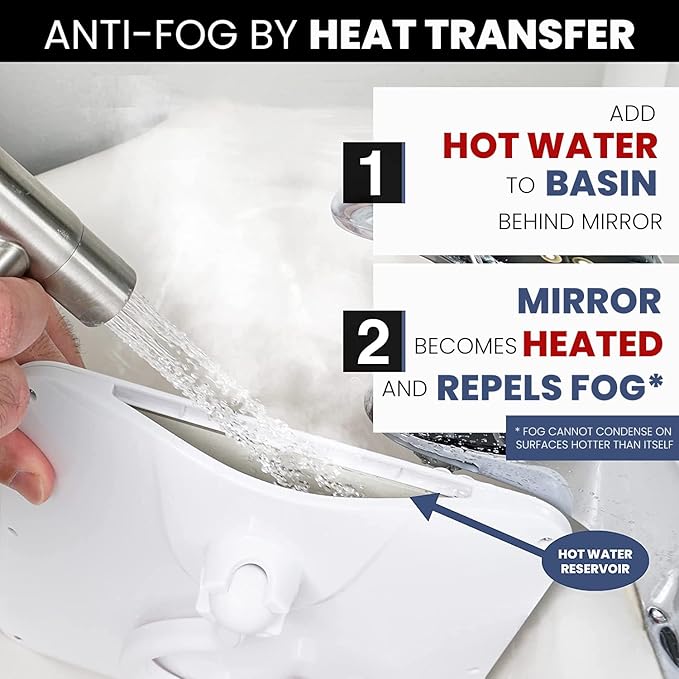Real Glass Hanging Shower Mirror for Distortion-Free Shaving - Fogless Mirror with Razor Holder, 360° Adjustable Hook - Fill Back Reservoir with Hot Water for Anti-Fog Shave (8" x 7", White)