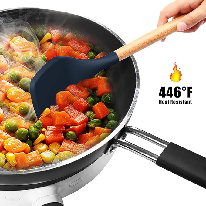 oannao Silicone Cooking Utensils Set - 446°F Heat Resistant Silicone Kitchen Utensils for Cooking,Kitchen Utensil Spatula Set w Wooden Handles, BPA FREE Gadgets for Non-Stick Cookware (Navy Blue)