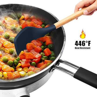 oannao Silicone Cooking Utensils Set - 446°F Heat Resistant Silicone Kitchen Utensils for Cooking,Kitchen Utensil Spatula Set w Wooden Handles, BPA FREE Gadgets for Non-Stick Cookware (Navy Blue)