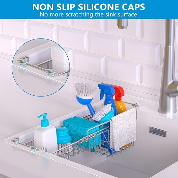 FavoThings Over The Kitchen Sink Caddy Sponge Holder Organizer Drying Rack Expandable for Sponge Brush Soap Dish Cloth Rag Smaller 12.25" to 17.25", Stainless Steel