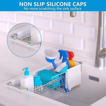 FavoThings Over The Kitchen Sink Caddy Sponge Holder Organizer Drying Rack Expandable for Sponge Brush Soap Dish Cloth Rag, Stainless Steel (12.25" to 17.25")