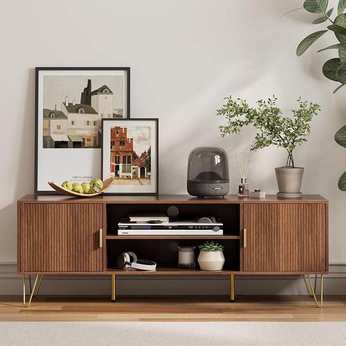 TV Stand for 55-65 Inch TV, Entertainment Center with Soft Hinge Door,TV Console Table with 2 Cabinets with Gold Handle and Feet,for Living Room, Bedroom, Walnut