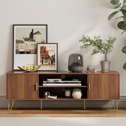TV Stand for 55-65 Inch TV, Entertainment Center with Soft Hinge Door,TV Console Table with 2 Cabinets with Gold Handle and Feet,for Living Room, Bedroom, Walnut