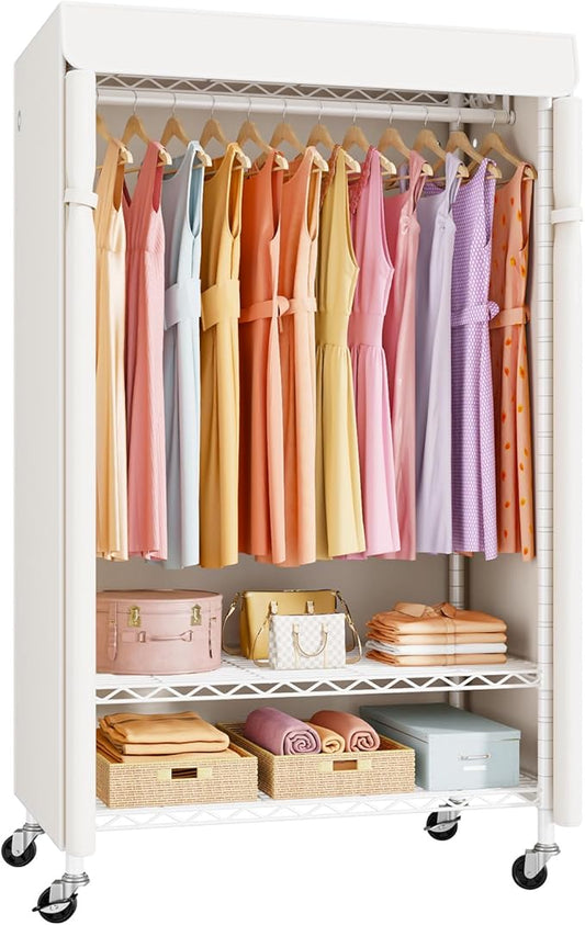 ULIFHOME P6C Rolling Clothes Rack with Cover, Covered Clothing Racks Heavy Duty, Portable Closet for Hanging Clothes, Garment Racks on Wheels, White Closet Rack with White Cover, Max Load 365LBS