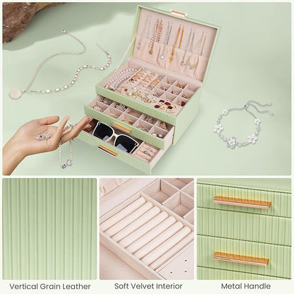 Dajasan Jewelry Organizer Box, Jewellery Boxes for Women, 3-Tier Jewelry Storage Organizer for Earring, Ring, Necklace, Bracelets (Avocado Green)