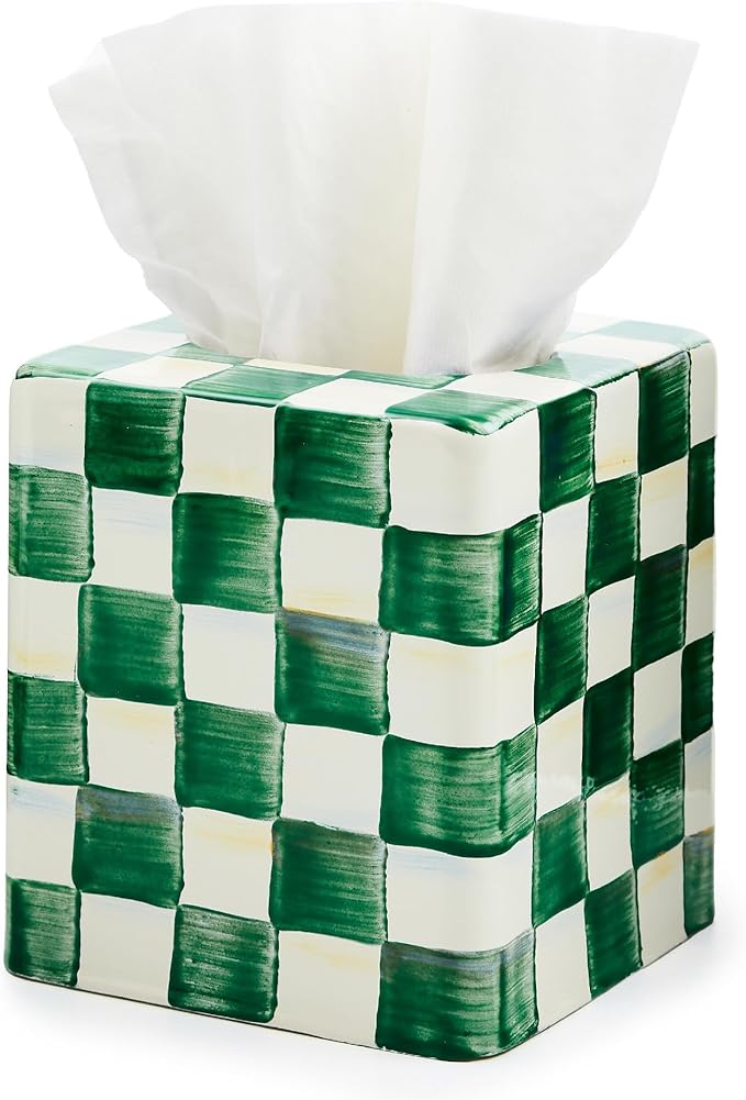 MACKENZIE-CHILDS Boutique Square Tissue-Box Cover, Tissue Holder for Home Decor, Green-and-White Emerald Check