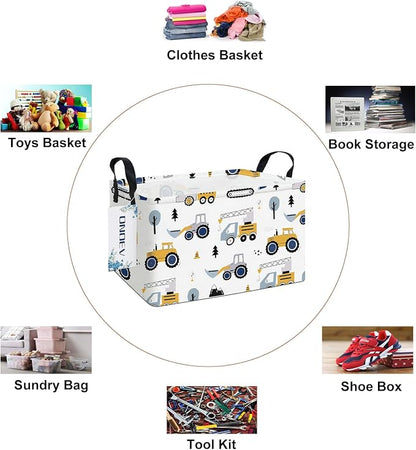 Rectangular Construction Vehicle Storage Basket for Boys,Collapsible Fabric Toy Storage Bin with Handles,Cute Excavator Tractor Truck Organizer for Kids Room,Nursery,Playroom,Closet (Excavator)