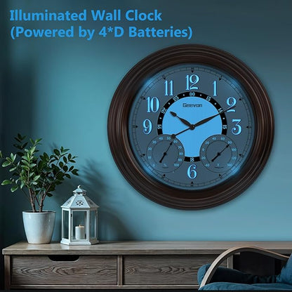 Geevon Illuminated Indoor Outdoor Clocks Waterproof 18 inch with Smart Sensor,Large Wall Clock with Thermometer & Hygrometer for Kitchen, Living Room, Bedroom,Decorations, Rubbed Bronze