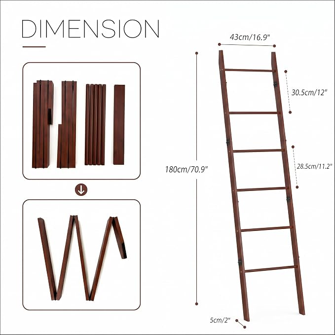 6 Tier Brown Blanket Ladder with Shelf, Wooden Blanket Rack for Living Room, Leaning Towel Ladder Rack for Bedroom, Bathroom, Quilts, Throws, Towels and Farmhouse Décor