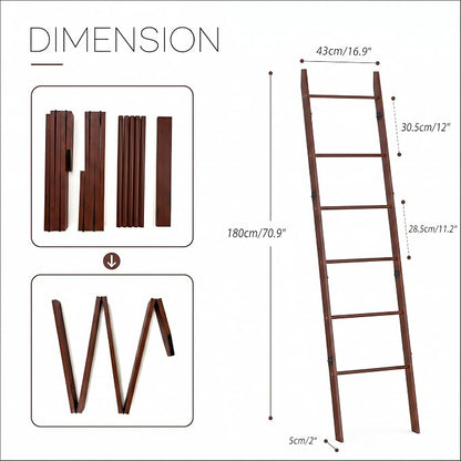 6 Tier Brown Blanket Ladder with Shelf, Wooden Blanket Rack for Living Room, Leaning Towel Ladder Rack for Bedroom, Bathroom, Quilts, Throws, Towels and Farmhouse Décor