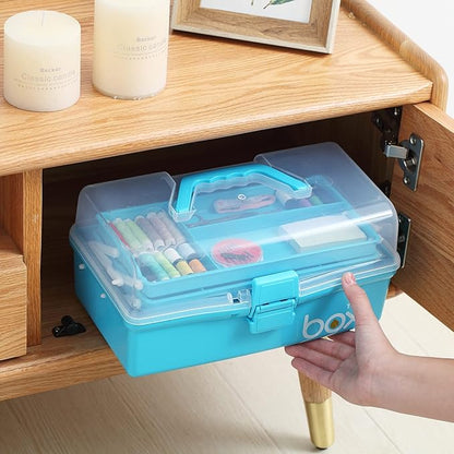 Kinsorcai 2PCS 12'' Three-Layer Clear Art Box Organizer, Multipurpose Plastic Craft Box with Handle (Blue)