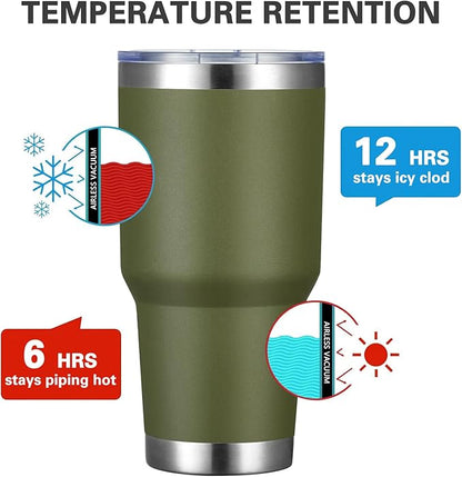 MEWAY 30oz Insulated Tumbler With Lids and Straws,Stainless Steel Double Vacuum Coffee Tumbler Cup, Brush, Durable Powder Coated Coffee Cup for Cold & Hot Drinks, Office, Travel(Army Green,4 PACK)