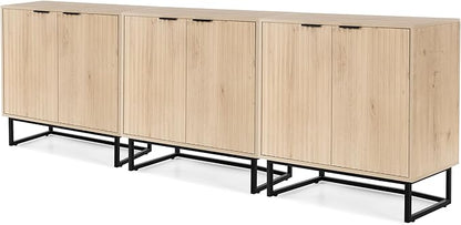 Fluted Storage Cabinet Set of 3, Sideboard Buffet Cabinet Modern Accent Cabinets with Adjustable Shelves, Credenza, Console Table Entryway Cabinets for Living Room, Light Oak