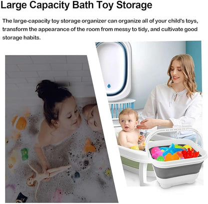 Bath Toy Storage Organizer - Foldable Bath Toy Holder for Bathtub, Bathtub Toy Storage with Removable Drying Base, Bathroom Toy Storage with 2 Hooks