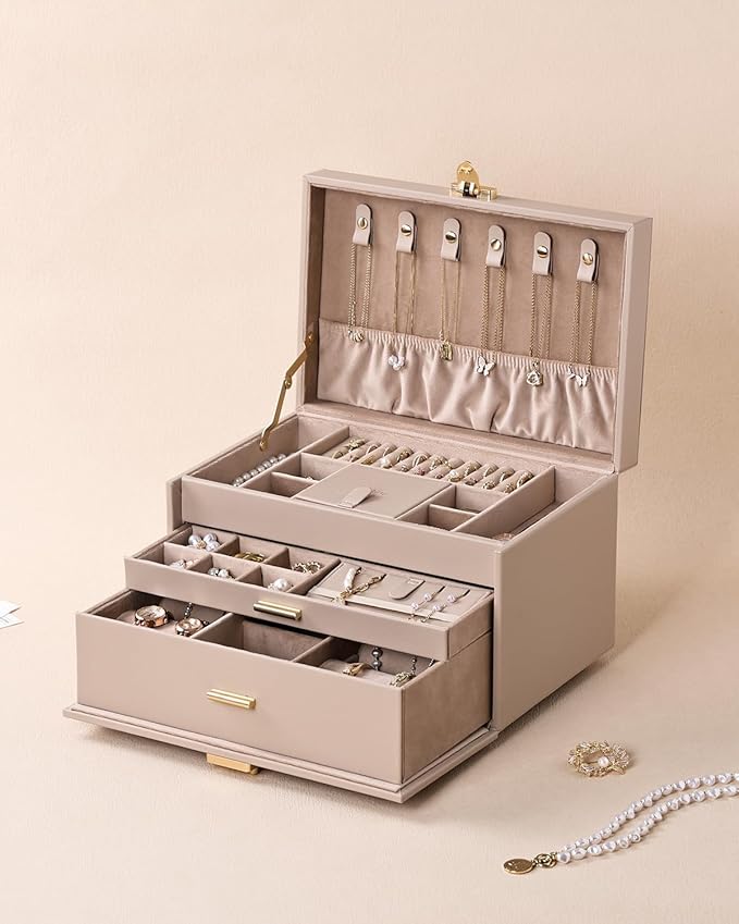 3-Tier Jewelry Box, Jewelry Organizer Box with 2 Drawers, Large Storage Capacity for Necklace Bracelets Earrings Rings, Lockable, Christmas Gift for Women, Light Taupe