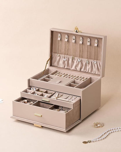 3-Tier Jewelry Box, Jewelry Organizer Box with 2 Drawers, Large Storage Capacity for Necklace Bracelets Earrings Rings, Lockable, Christmas Gift for Women, Light Taupe