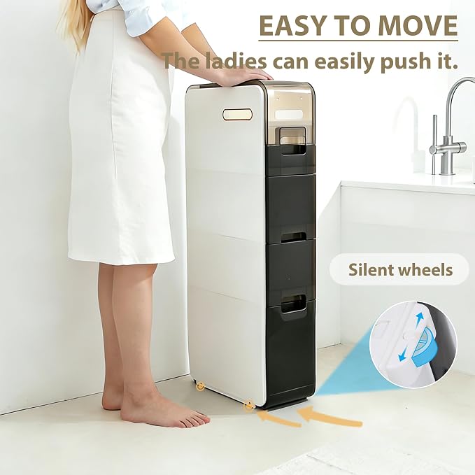 BGYMF Ultra Thin 3-Tier Slim Bathroom Storage Cabinet, Slim Cabinet for Bathroom, Narrow Rolling Cart with Wheels, White Plastic Organizer for Small Space, Kitchen, Laundry, Living Room, Corner