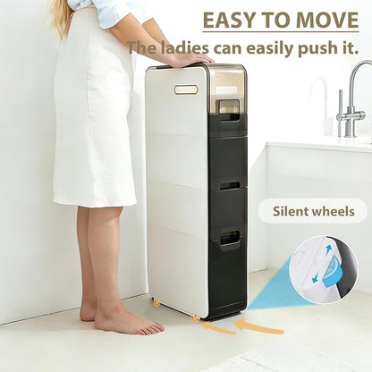 BGYMF Ultra Thin 3-Tier Slim Bathroom Storage Cabinet, Slim Cabinet for Bathroom, Narrow Rolling Cart with Wheels, White Plastic Organizer for Small Space, Kitchen, Laundry, Living Room, Corner