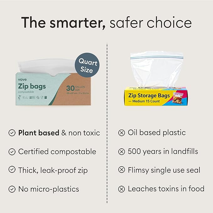 Vove Compostable Quart Bags 30 Ct – PFAS-Free, BPI Certified, Freezer Safe with Airtight Seal for Leftovers & Meal Prep, Plant-Based