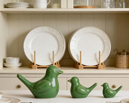 Artconal Small Green Bird Statue Ceramic 2-Piece Set, 4½ inch Cute Knick Knack for Home Office Shelf Desk Decor