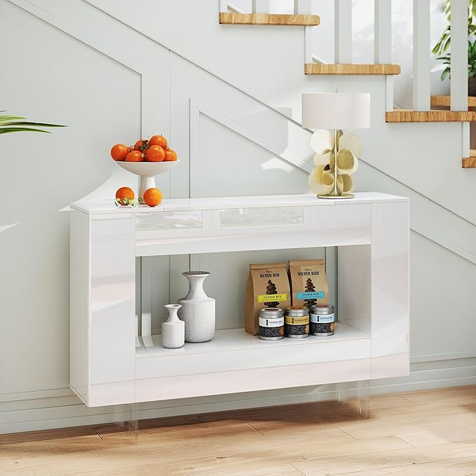 47" High Gloss Console Table with Hidden Side Storage Cabinets, Adjustable Shelves, Modern Entryway Sofa Table for Behind The Couch, Living Room, Hallway, White
