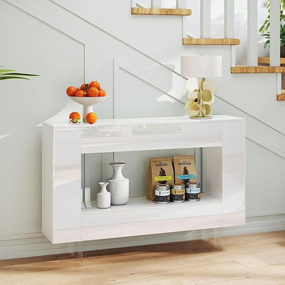 47" High Gloss Console Table with Hidden Side Storage Cabinets, Adjustable Shelves, Modern Entryway Sofa Table for Behind The Couch, Living Room, Hallway, White