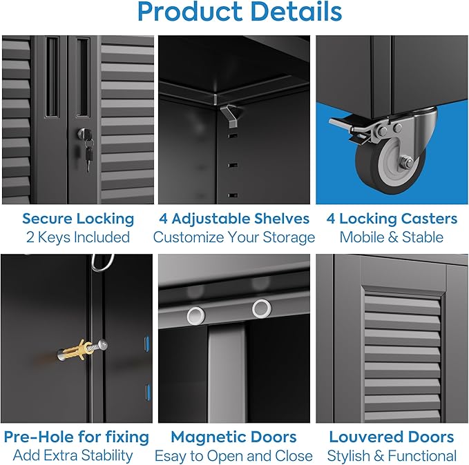 Metal Broom Closet Storage Cabinet with Hanging Rod, Garage Storage Cabinet with Wheels and 4 Shelves, Pegboard and 13 Hooks for Garage Home, Black, Assembly Required