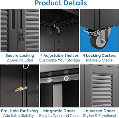 Metal Broom Closet Storage Cabinet with Hanging Rod, Garage Storage Cabinet with Wheels and 4 Shelves, Pegboard and 13 Hooks for Garage Home, Black, Assembly Required