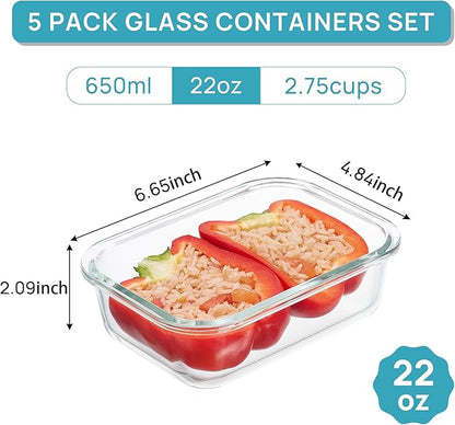 Vtopmart 5Pack 22oz Glass Storage Containers with Lids, Glass Meal Prep Food Container Sets with Snap Airtight Lids for Microwave, Oven, Freezer and Dishwasher, Grey (Pack of 2)