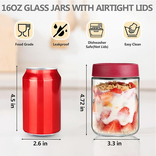 TBWIND 12 Pack Overnight Oats Containers with Lids, 16oz Glass Mason Jars with Airtight Lids, Wide Mouth Food Storage Containers for Yogurt, Chia Pudding, Meal Prep & Breakfast