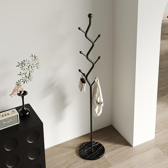 Creative Tree Branch-Look Coat Rack Freestanding with 6 Hooks & Sturdy Marble base Metal Clothes Hanger Stand for Entryway/Mudroom/Bedroom/Hallway/Home Office (Matte black)