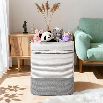 Degeyoyo Laundry Hamper, 85L Tall Laundry Basket with Leather Handles, Rectangle Large Clothes Hamper for Organizing, Cotton Woven Laundry Baskets Storage Hampers for Bedroom, Nursery, Living Room
