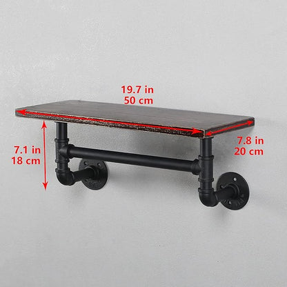 Industrial Pipe Shelf Bathroom Shelves Wall Mounted,19.6in Rustic Wood Shelf with Towel Bar,1 Tier Farmhouse Towel Rack Over Toilet,Pipe Shelving Floating Shelves Towel Holder,Retro Black