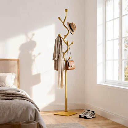 Tree-shaped coat rack stand,Metal coat tree with 8 Hooks and sturdy cast iron base,Heavy Duty coat rack freestanding coat hanger stand for Clothes Hats Scarfs Purses (gold)