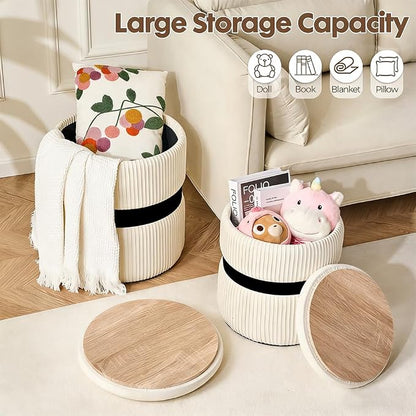 Velvet Round Ottoman Set of 2 with Storage, 12 Gallon Hidden Storage Ottoman, Multi-Functional Footrest Stool, Vanity Seat, Coffee Table, No Assembly Required, Holds 300lbs, (White)