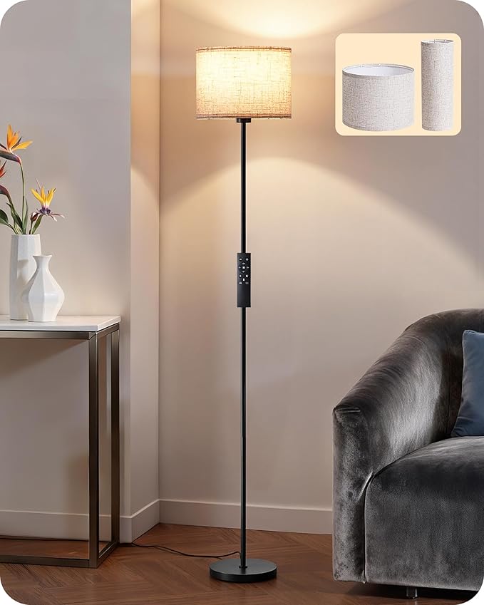 EDISHINE Dual Shades Floor Lamp with Foot Switch, Dimmable Floor Standing Lamp with 9W LED A19 Light Bulb, Remote Custom Color Temperature Pole for Living Room, Bedroom, Office, E26, Black