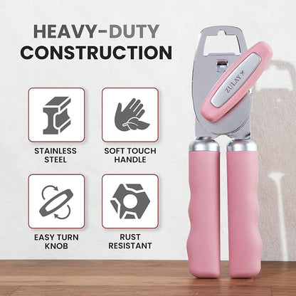 Zulay Kitchen Heavy Duty Stainless Steel Can Opener Manual with Bottle Opener - Rust Proof Manual Can Opener With Turn Knob & Comfy Soft Grip Handles - Pink